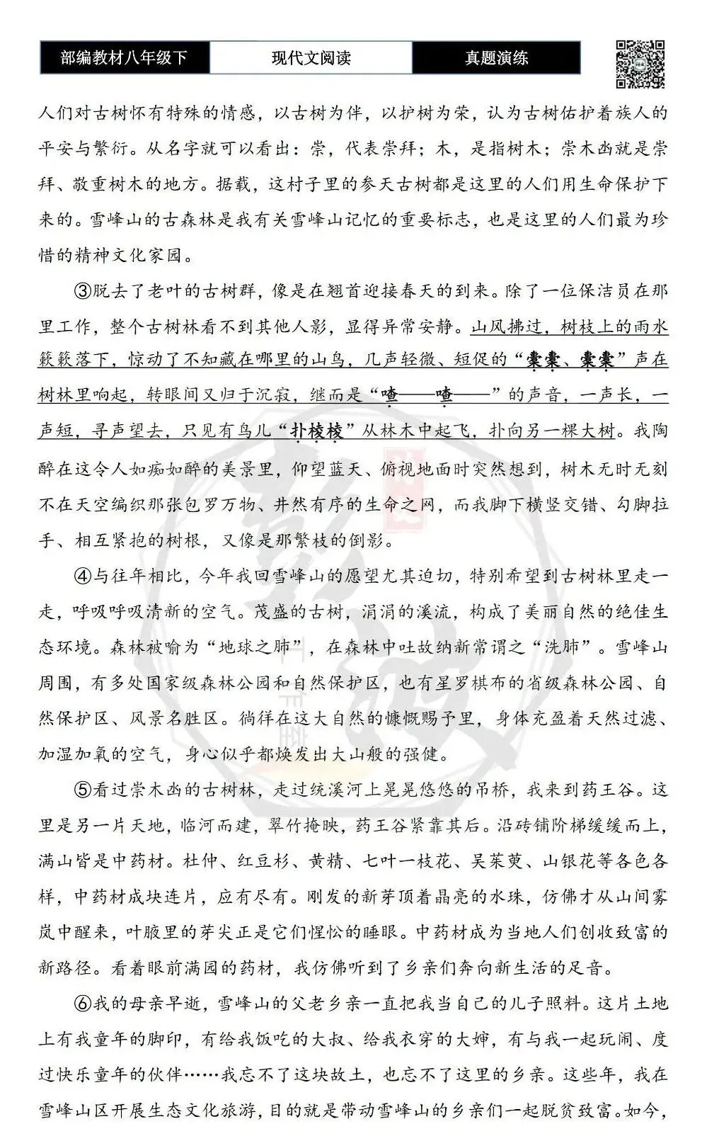 【现代文阅读-真题演练】八年级下-33-回望雪峰山-思维导图+试题精析 第6张