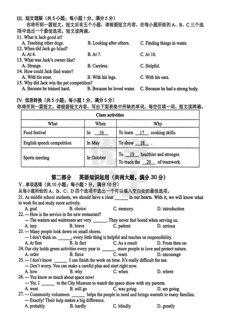 2026合肥蜀山区一模各科试卷,英语含听力及答案,免费下载 第6张