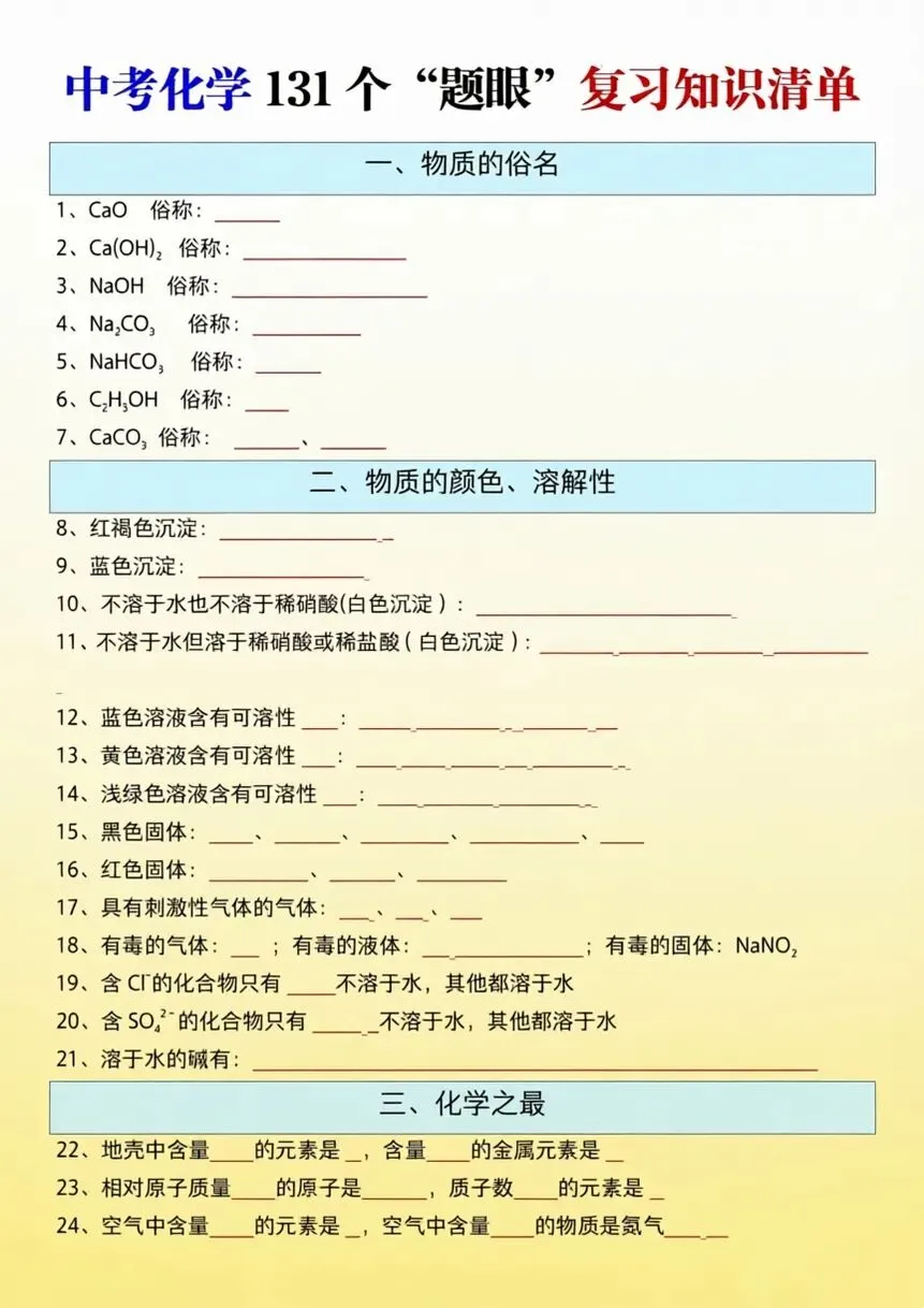 中考化学131个题眼复习知识清单 第5张