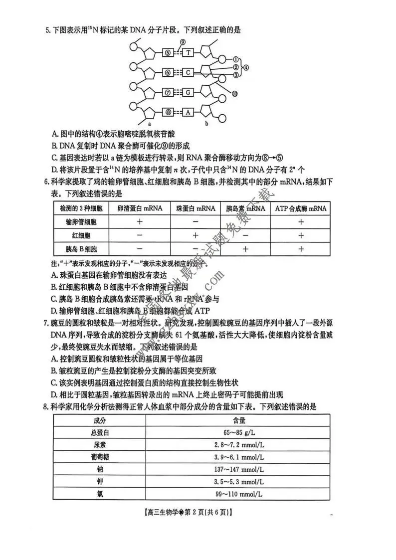 《高中试卷》贵州省安顺市2026届上学期期末教学质量监测生物(含答案) 第3张