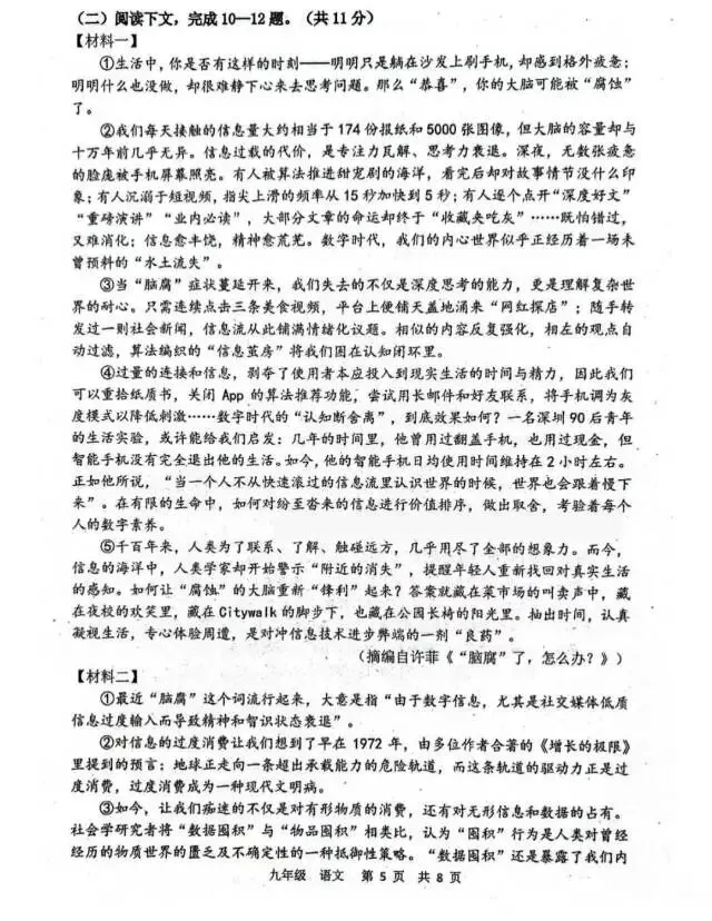 中考语文模拟卷及答案 第5张