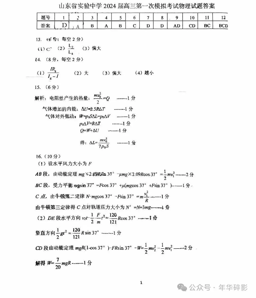 山东省实验中学2024届高三第一次模拟考试物理试题及参考答案(无水印版) 第4张