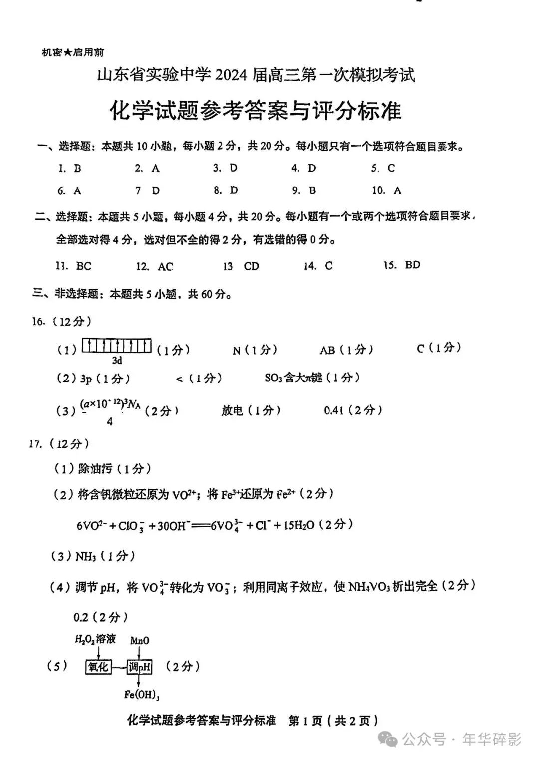 山东省实验中学2024届高三第一次模拟考试化学试题及参考答案(无水印版) 第4张