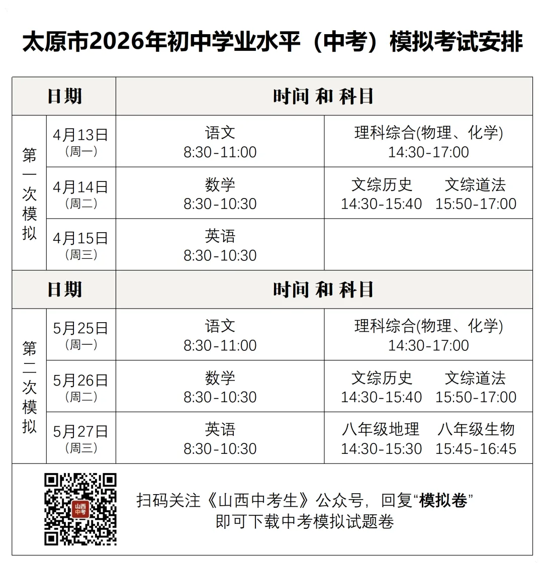 2026中考模拟考试安排 第1张