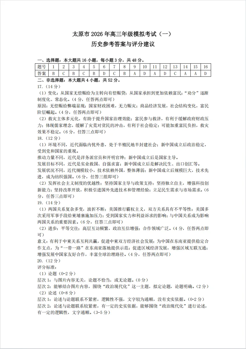 2026年高三一模历史试卷及答案 第5张