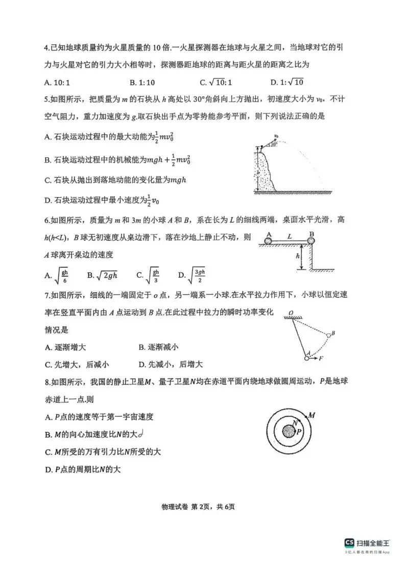 【高一、高二、高三最新月考试卷】江苏海门中学2025-2026学年高一下学期阶段检测(一)物理+答案 第2张
