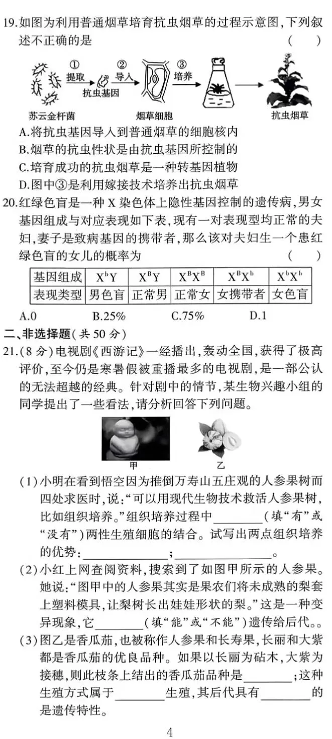 期中试卷:人教版生物八年级下册期中考试试卷 第5张