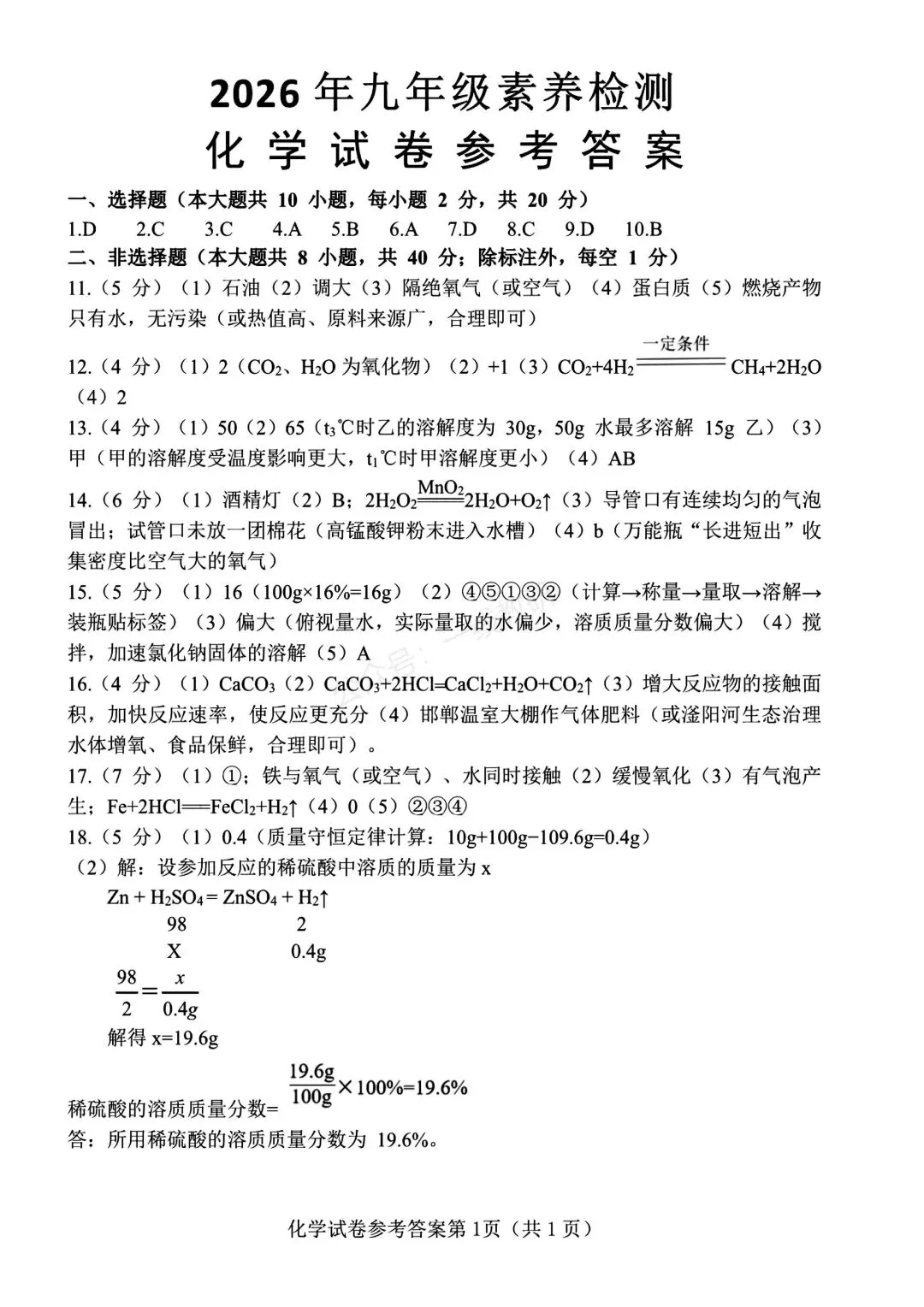 2026年九年级素养检测化学试卷 (有答案) 第9张