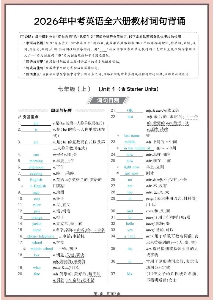 中考英语|2026年春《中考英语》全六册教材诗句(背诵版+默写版)含词句自测、熟词生义共103页,电子版可下载打印! 第4张