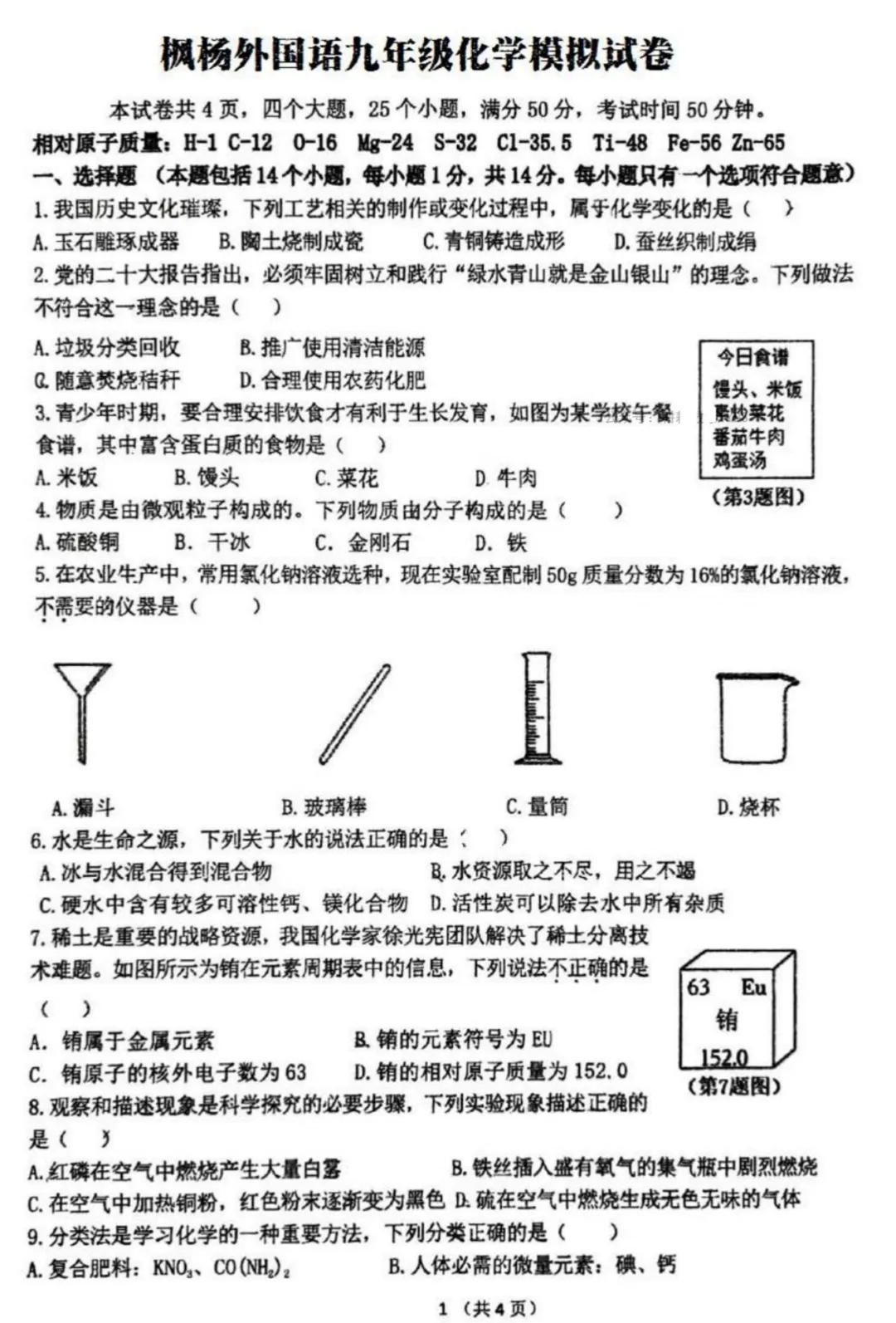【化学】郑州枫杨外国语九年级语文模拟试卷(含答案) 第2张