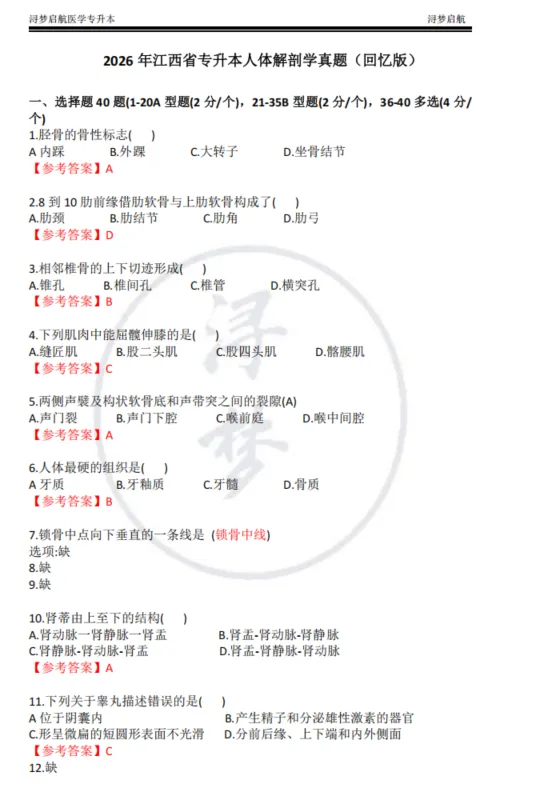 江西省2026年专升本《人体解剖学》真题与参考答案(回忆版) 第1张
