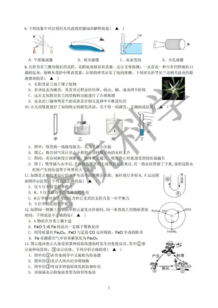 【中考模拟】宁波曙光、东钱湖等校2025学年第二学期九年级3月质量检测卷(附答案) 第7张