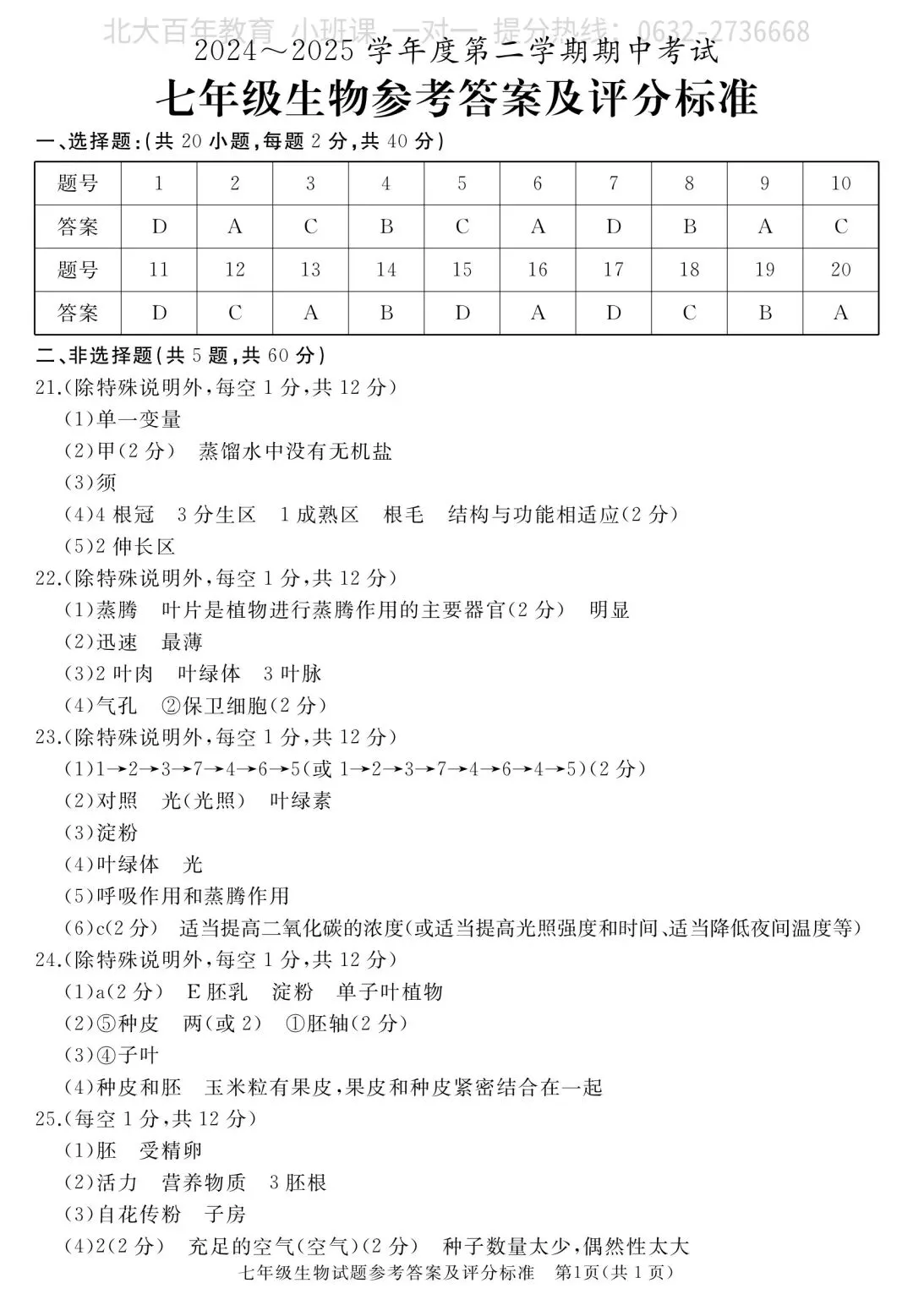 【期中真题】滕州市2025年七年级下学期期中考试生物试题含答案 第8张