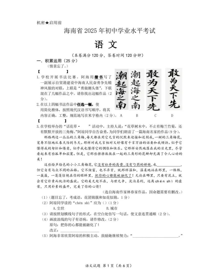 【海南省中考】2025年海南省中考真题试卷全科目||考试答案 解析、PDF版免费分享 第2张