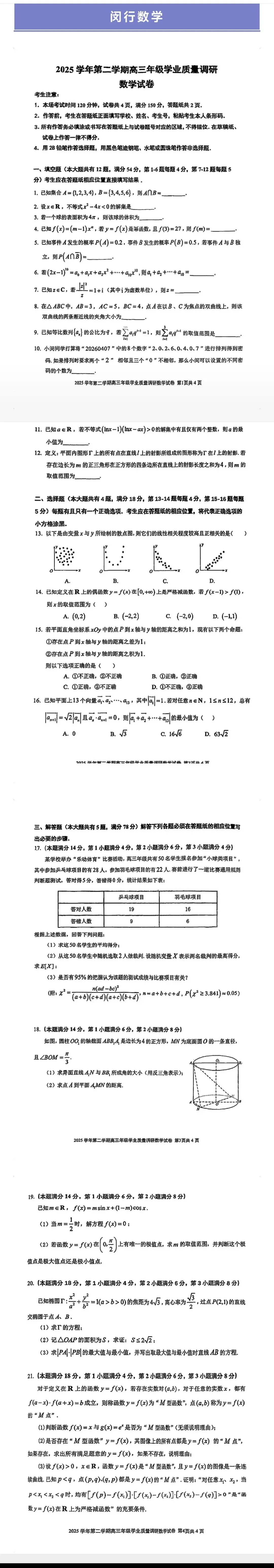 2026年闵行高三二模数学试卷分享!你觉得难嘛? 第1张