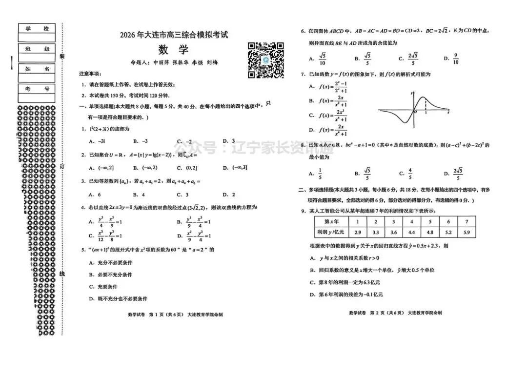 2026年大连市高三综合模拟考试——数学、物理、历史试卷 第1张
