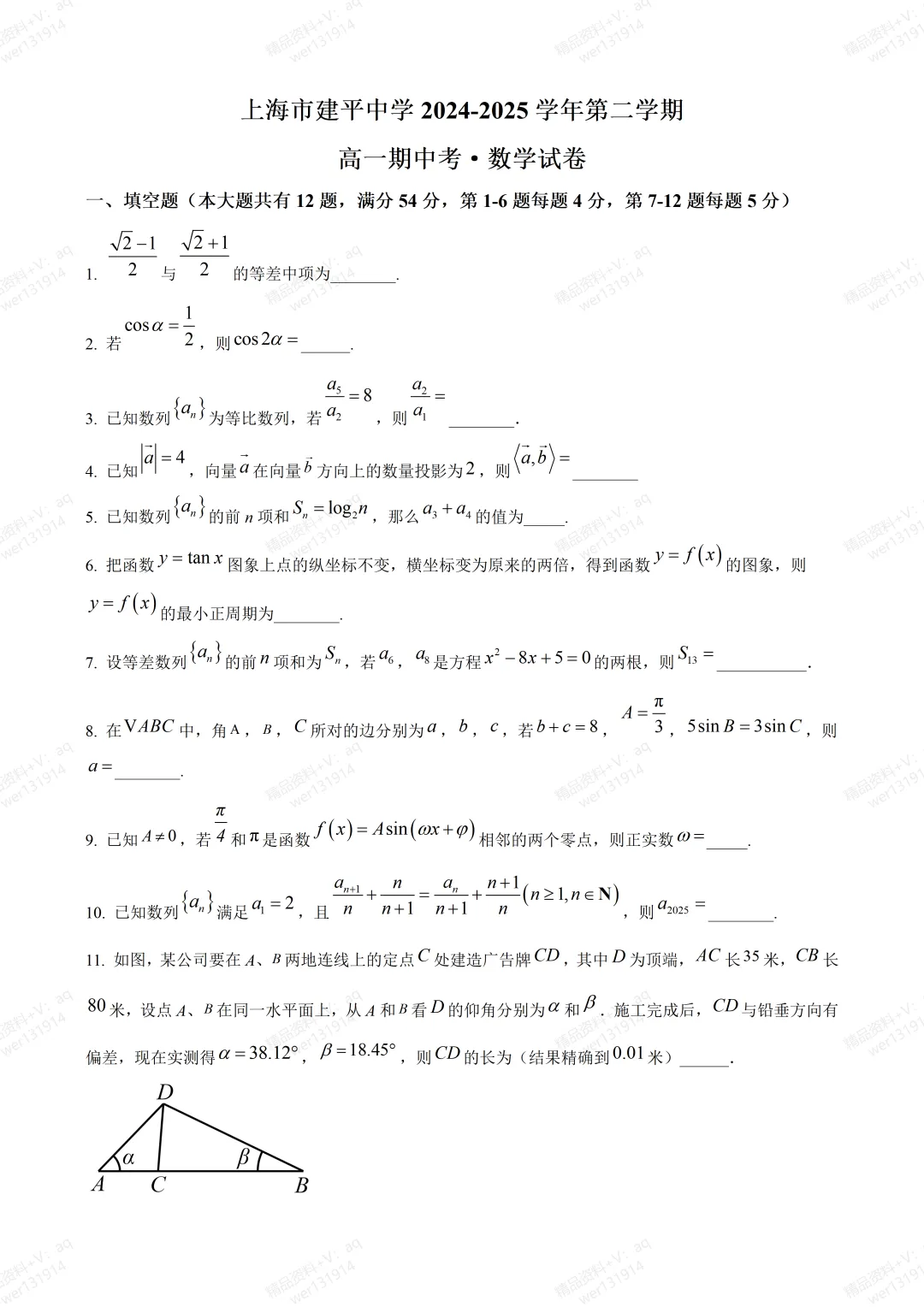 建平中学,高一下,数学期中试卷(含答案&解析)! 第1张