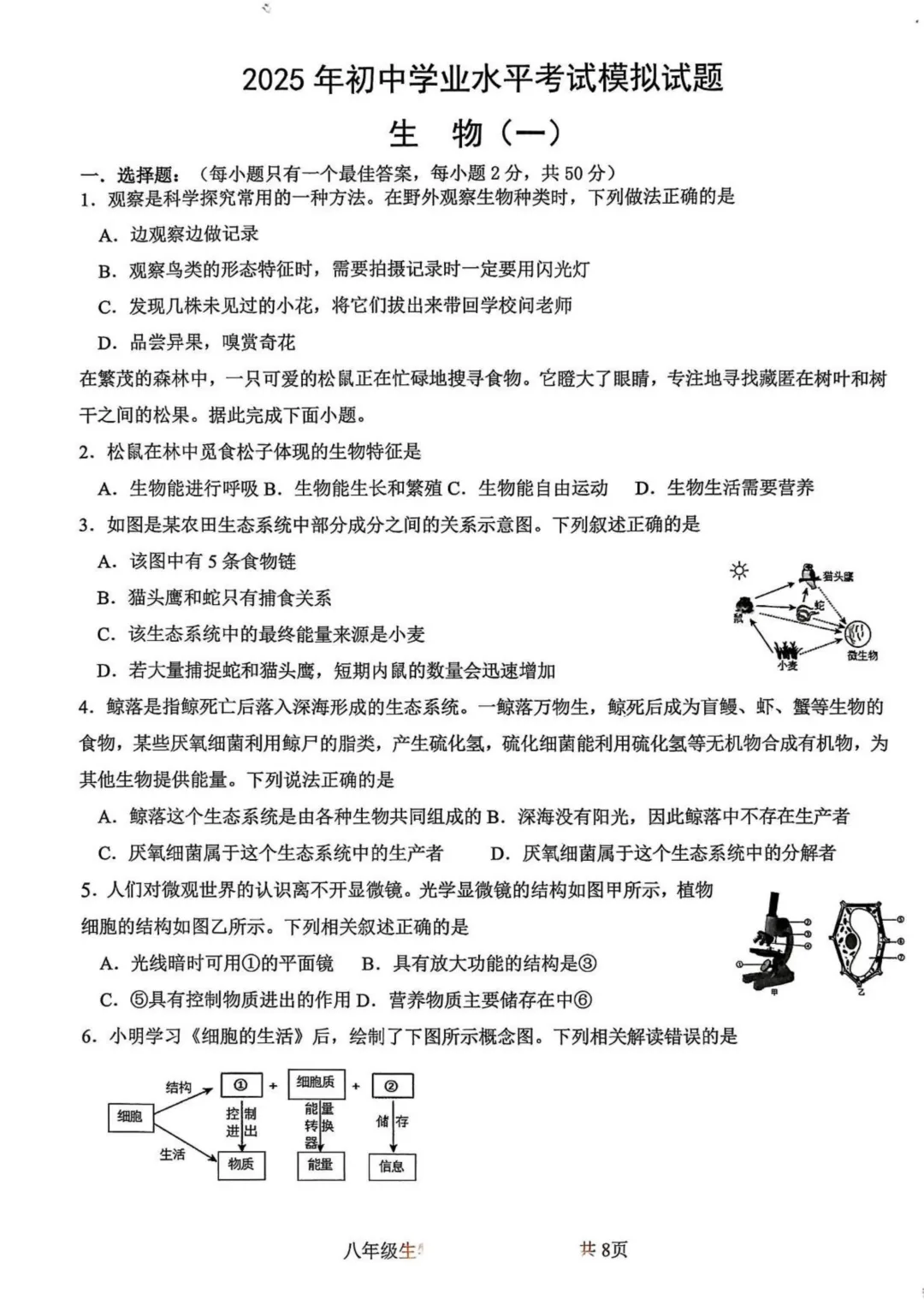 地生一模真题-2025年山东省临沂市费县中考一模生物试卷(完整版 + 答案) 第4张