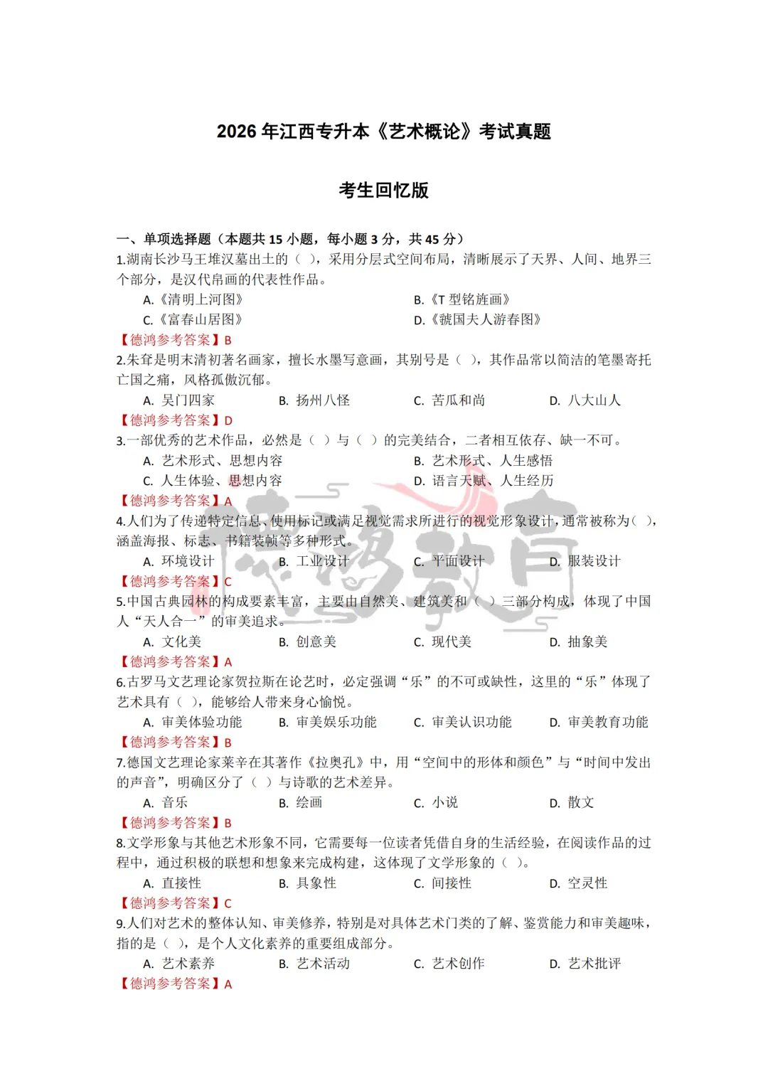 2026年江西专升本艺术概论真题与答案(回忆版) 第2张