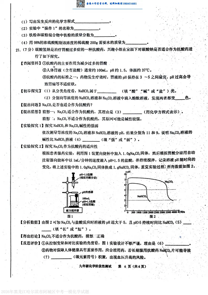 2026哈尔滨阿城区九年级下一模化学 试卷+答案 第7张