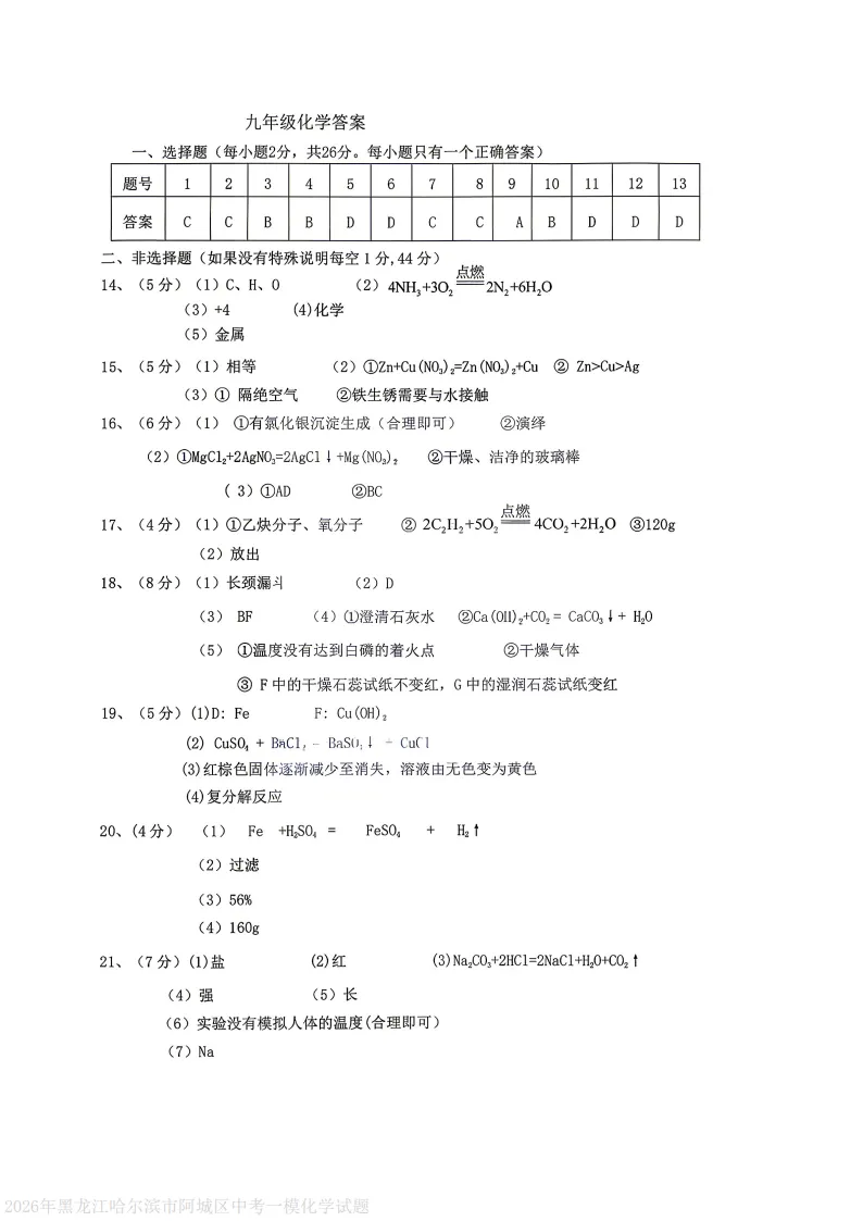 2026阿城区九下一模化学试卷及答案 第7张