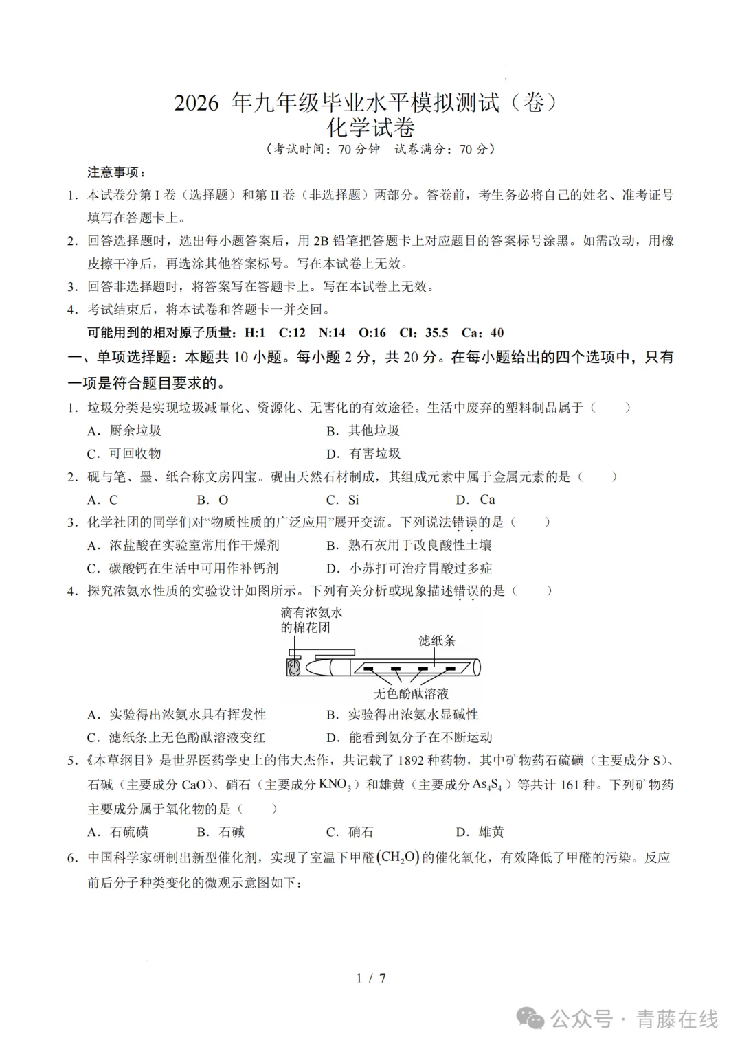 2026年九年级毕业水平测试模拟化学试卷答案 第2张