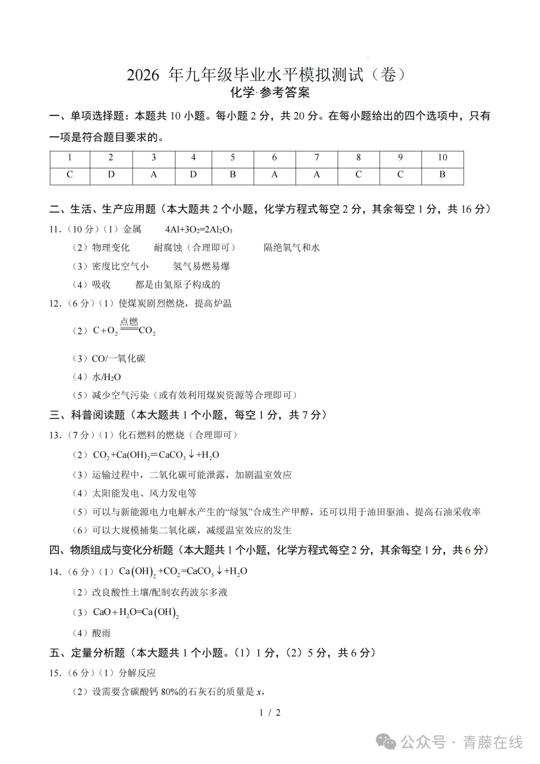 2026年九年级毕业水平测试模拟化学试卷答案 第9张