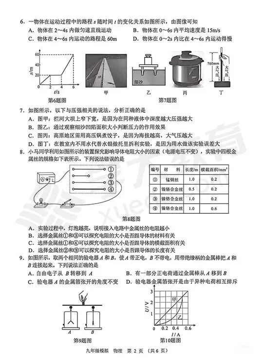 2026年兰州中考一诊 | 物理试卷+解析 第5张