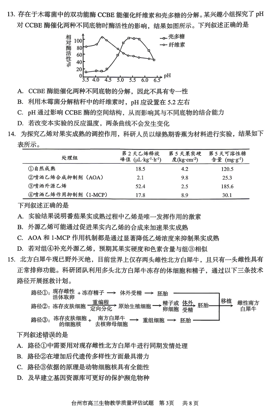 2026年4月浙江台州二模高三生物试卷、答案和解析(基础分多) 第6张