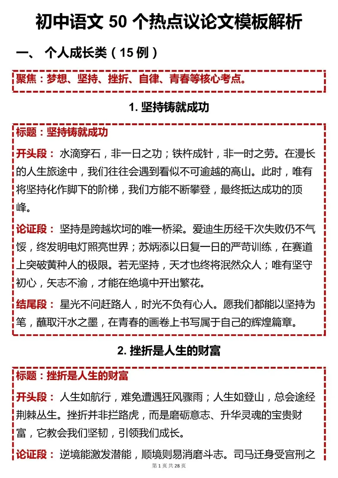 中考语文必背【初中语文 50 个热点议论文模板解析】,可打印 快收藏 第1张