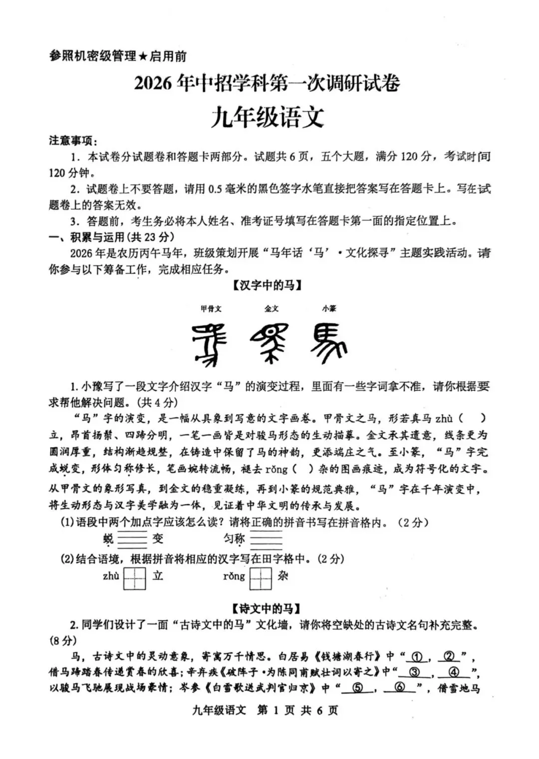 2026年平顶山市中考一模语文试题及答案 第1张