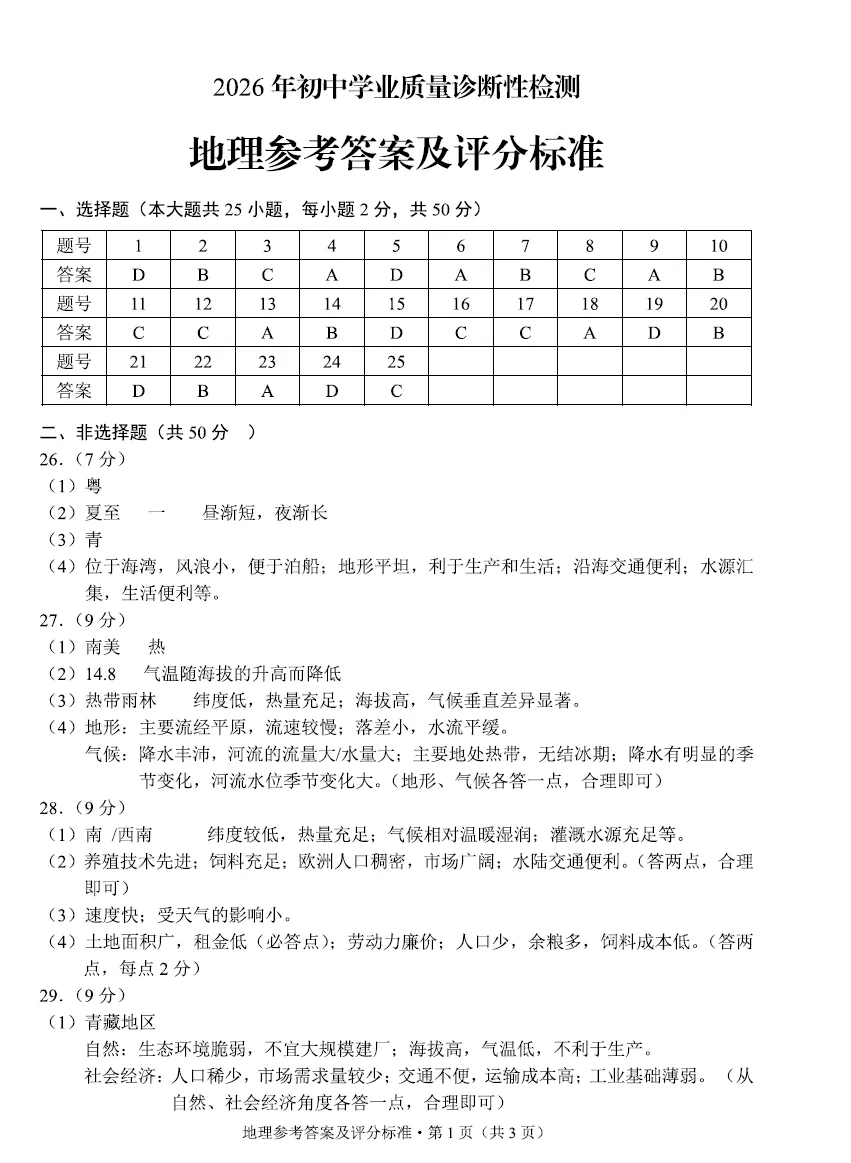 昆明2026年初三市统测地理试卷 第9张
