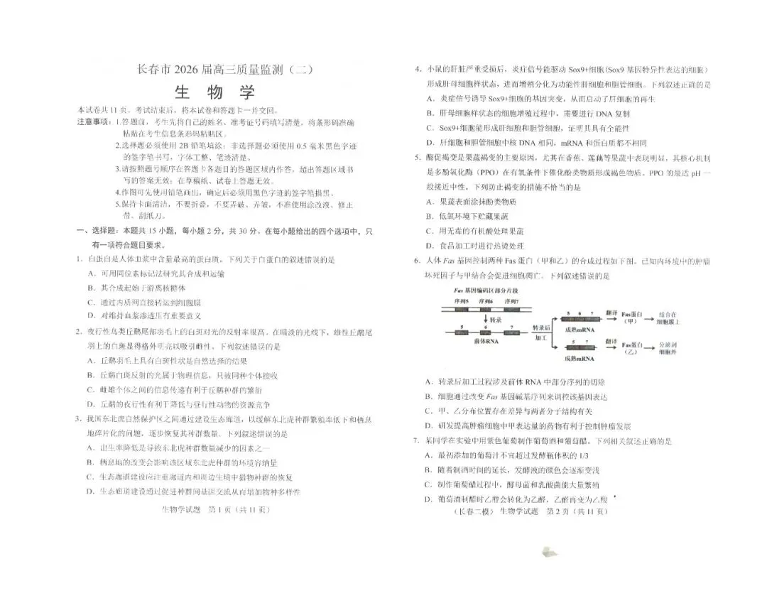 2026年4月长春市二模生物试卷及答案 第2张