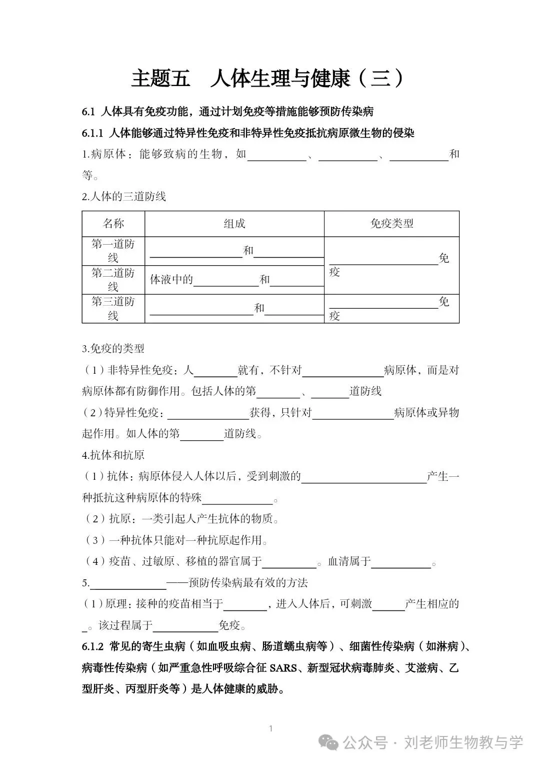 最新初中生物中考知识清单7个主题 答案划线版+挖空版 共20个word文档 主题五 人体生理与健康(3)免疫系统和健康生活 第5张