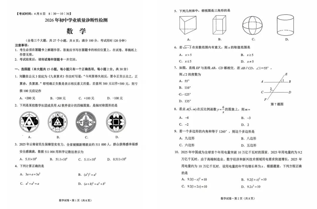 【重要】2026昆明中考市统测试卷&答案&试卷快评分析一览 第4张