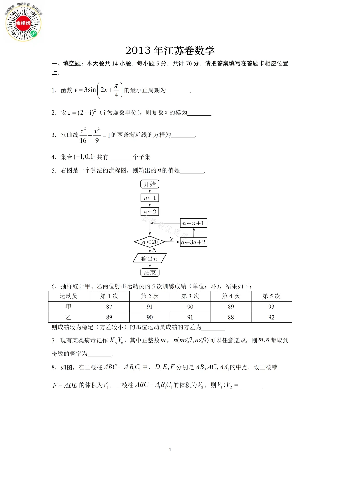 【高考数学真题】2013年江苏卷数学试卷+答案 第2张