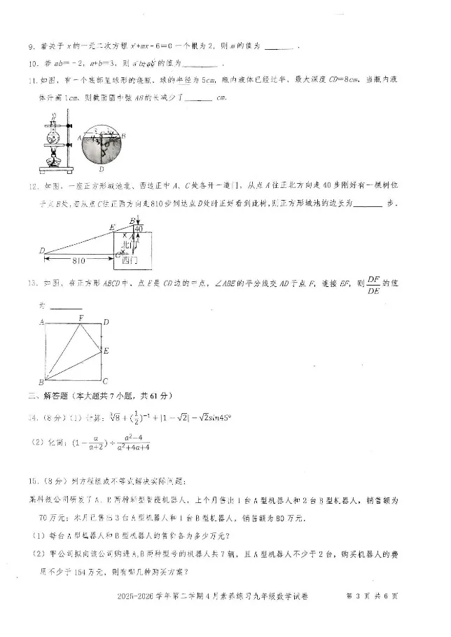 【深圳中考】2026学年九下福田外国语学校阶段评估数学试卷0408 第4张