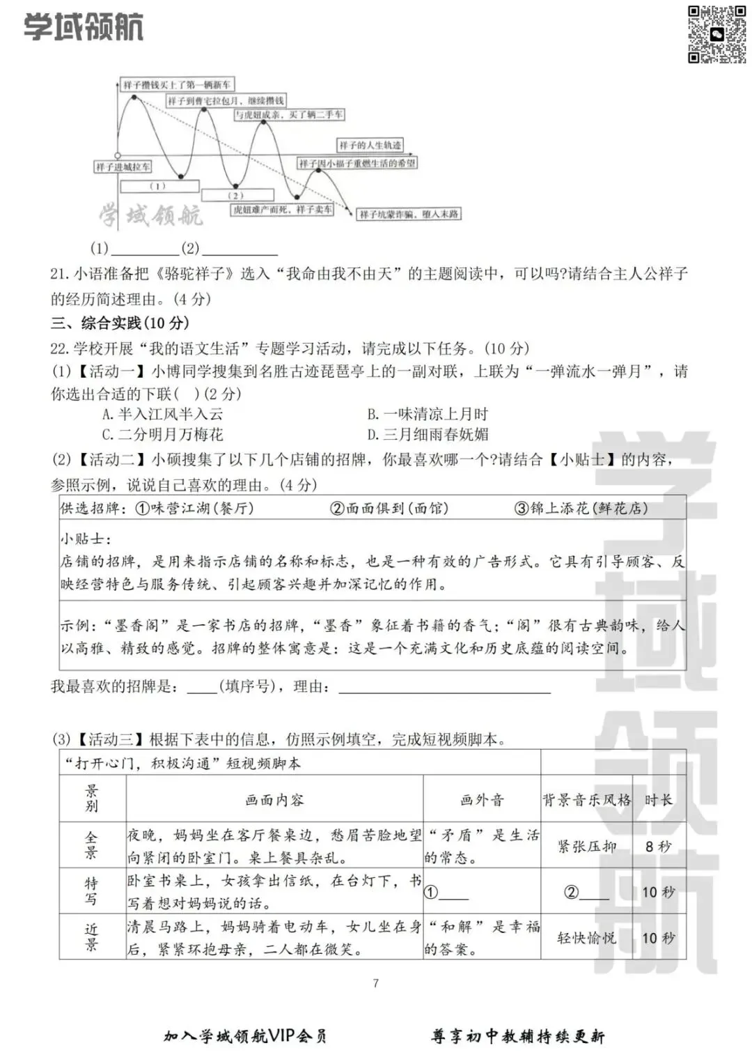 2026年长春市博硕学校七下4月考语文试卷(附答案) 第10张