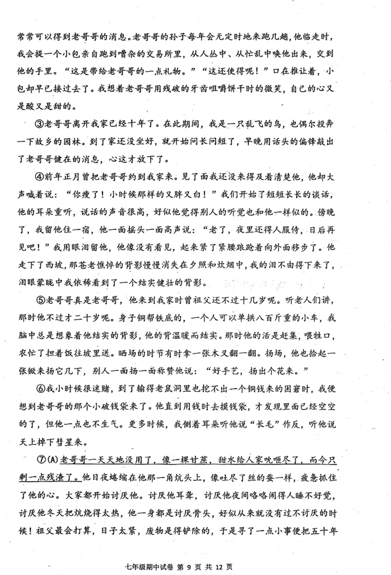 深圳中学七年级语文期中考试卷真题 第11张