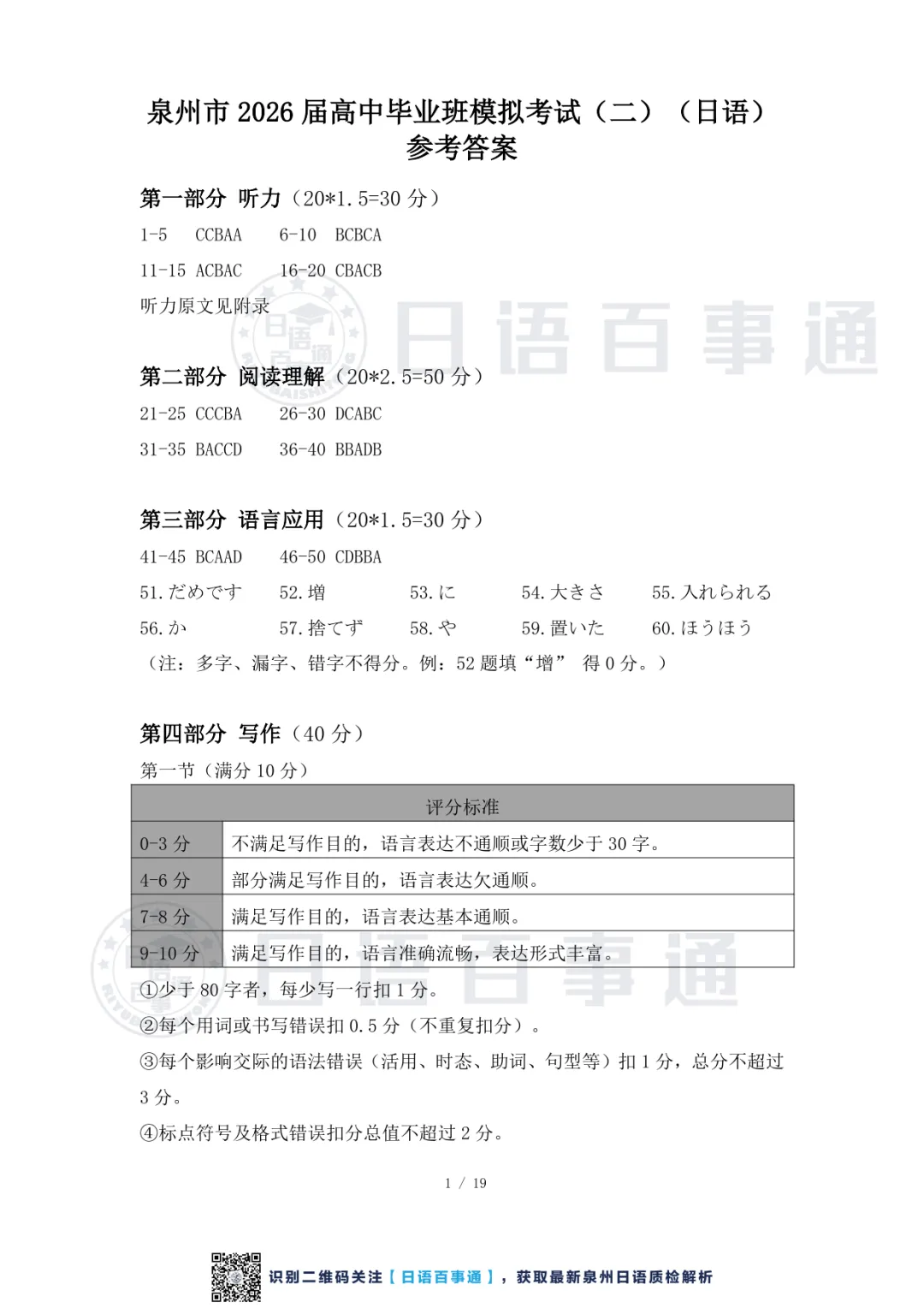 【独家】泉州市2026届高中毕业班模拟考试(二)日语答案解析 第2张