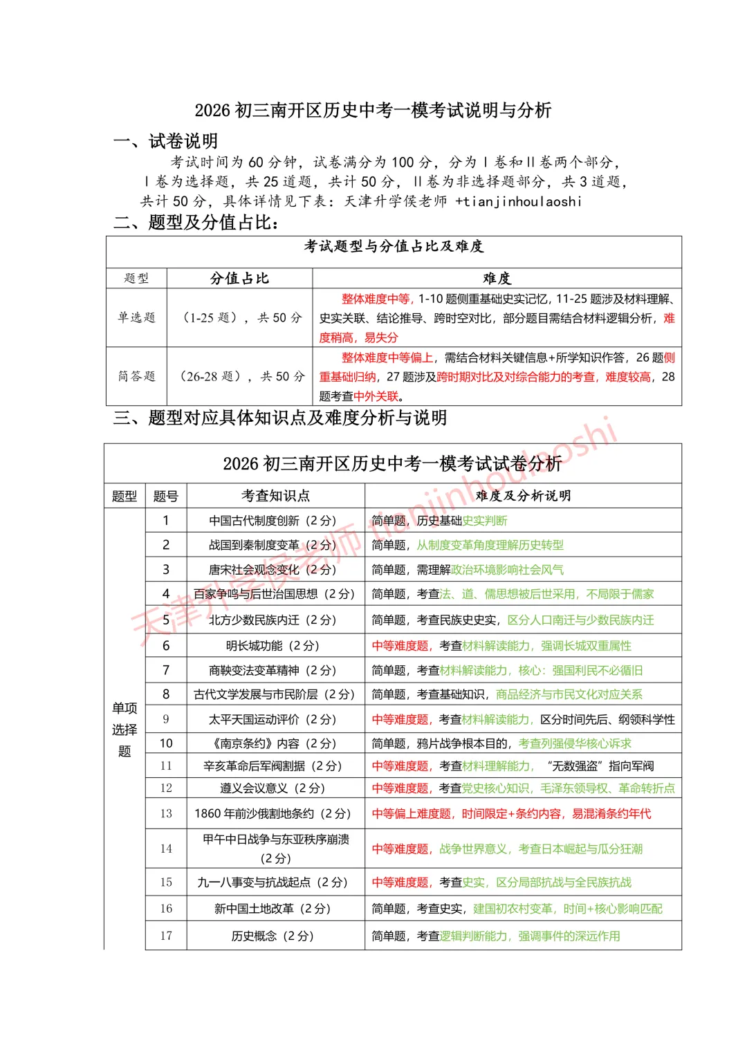 试卷分析:2025-2026学年天津南开区初三一模(语数英物化历6科)丨附近3年初三结课考一模二模真题 第16张