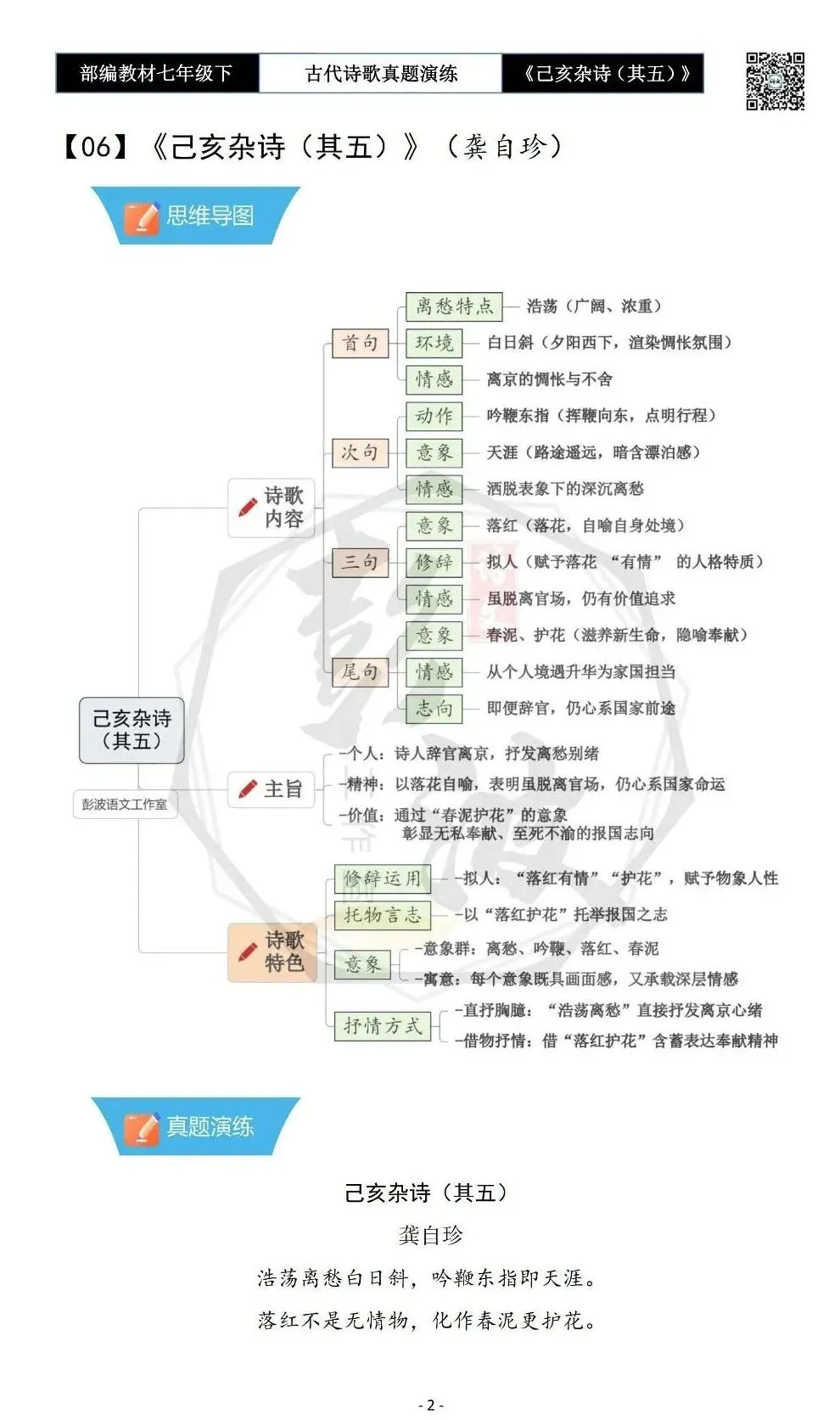 【古诗文真题演练复习】七年级下-10《己亥杂诗(其五)》思维导图+对比阅读(1元) 第6张