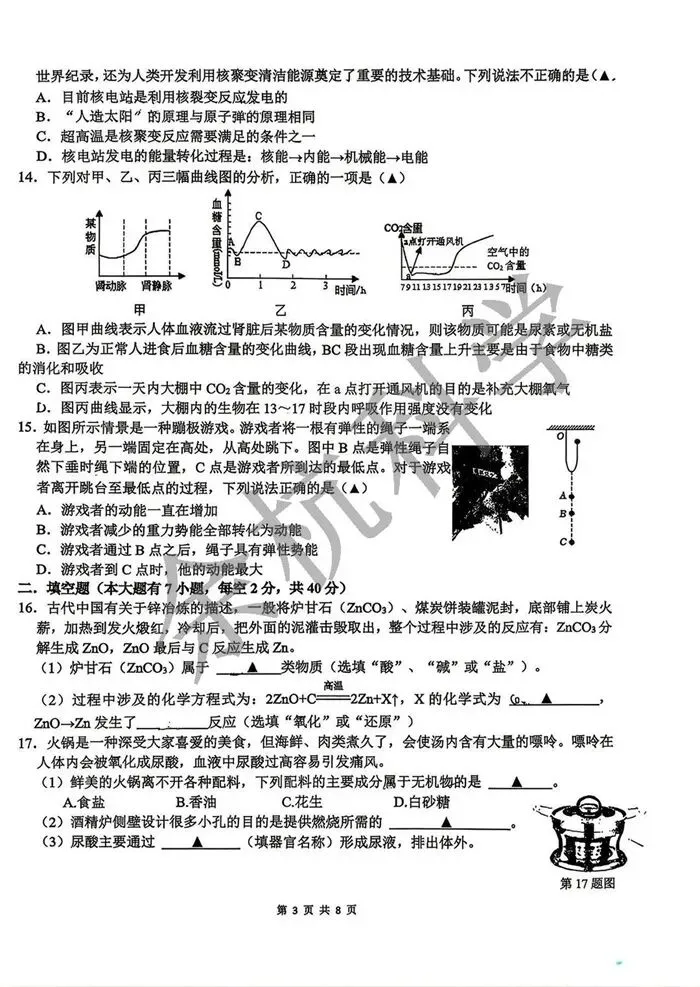 【中考模拟】杭十三中九年级科学独立作业三(2026.4.8) 第8张