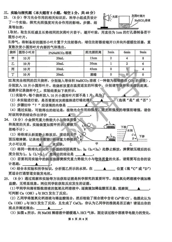 【中考模拟】杭十三中九年级科学独立作业三(2026.4.8) 第10张