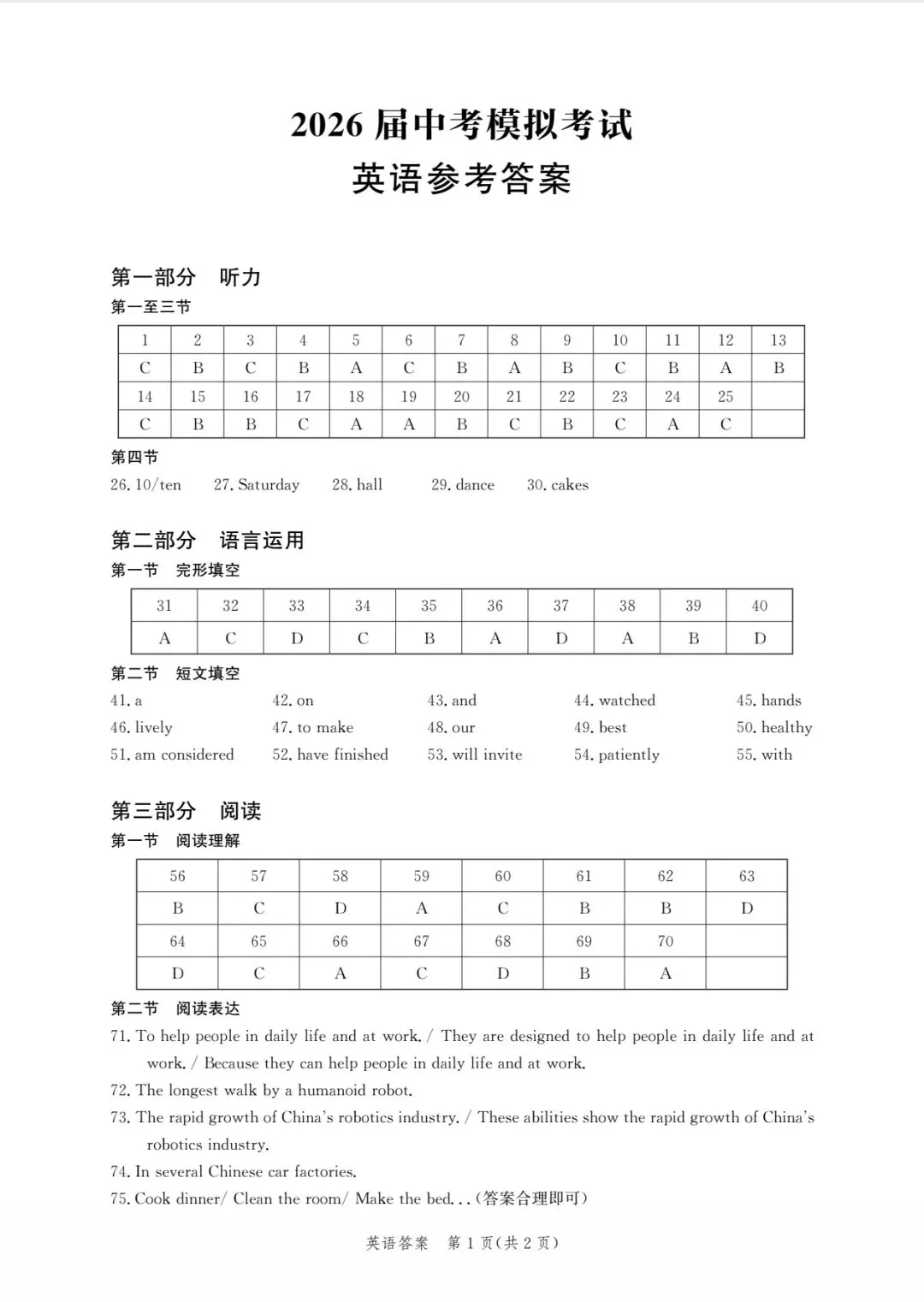 2026中考唐山一模英语试卷答案 第9张