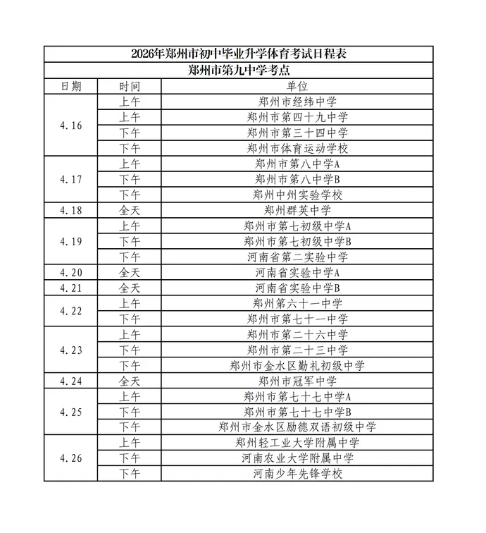 中考体育|事关中招体育!考试日程和考点详表出炉 第6张 中考体育|事关中招体育!考试日程和考点详表出炉 第6张