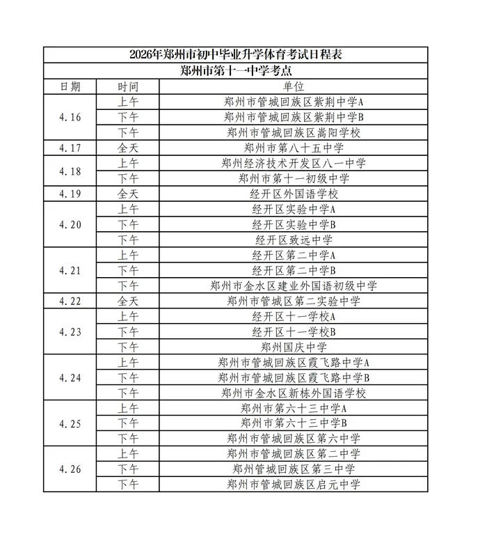 中考体育|事关中招体育!考试日程和考点详表出炉 第7张 中考体育|事关中招体育!考试日程和考点详表出炉 第7张