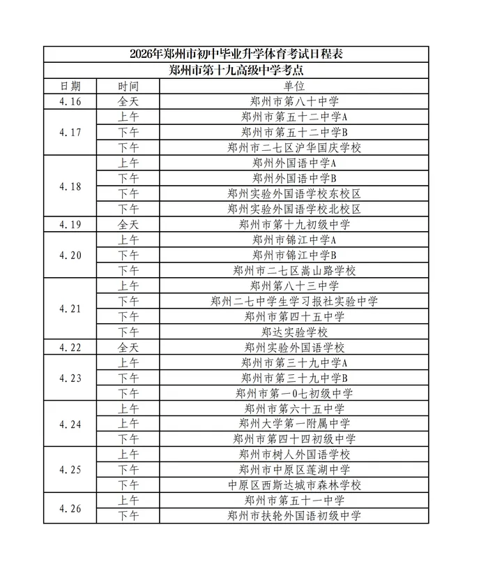 中考体育|事关中招体育!考试日程和考点详表出炉 第8张 中考体育|事关中招体育!考试日程和考点详表出炉 第8张