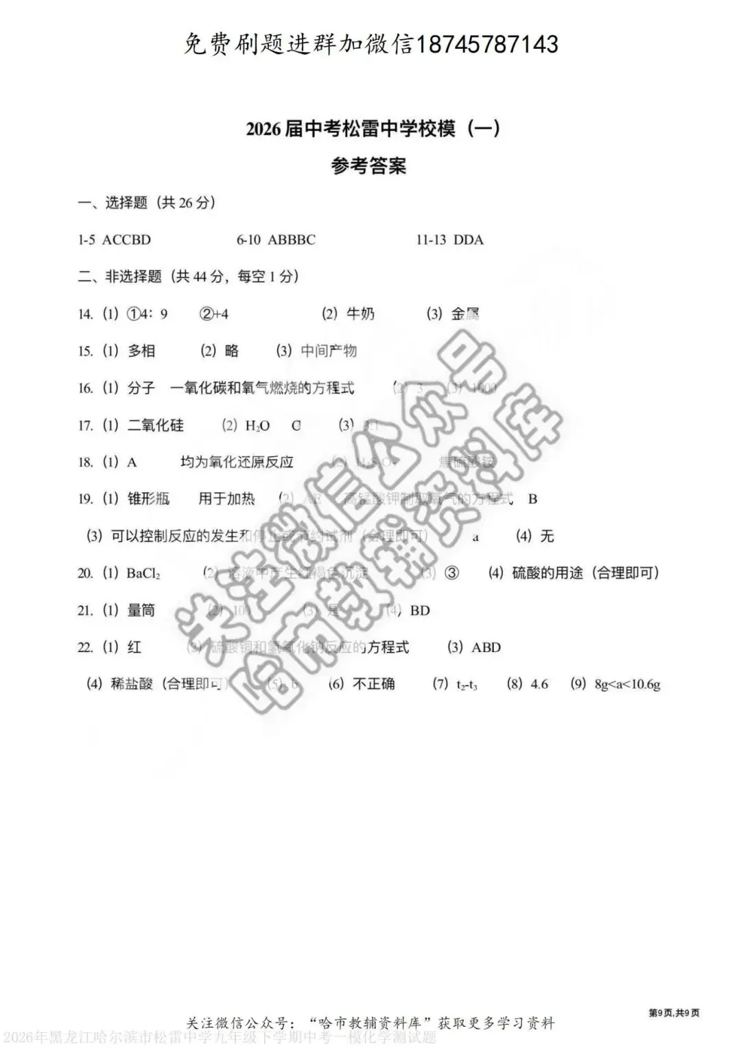 2026松雷中学九年级化学校一模试卷及答案 第10张