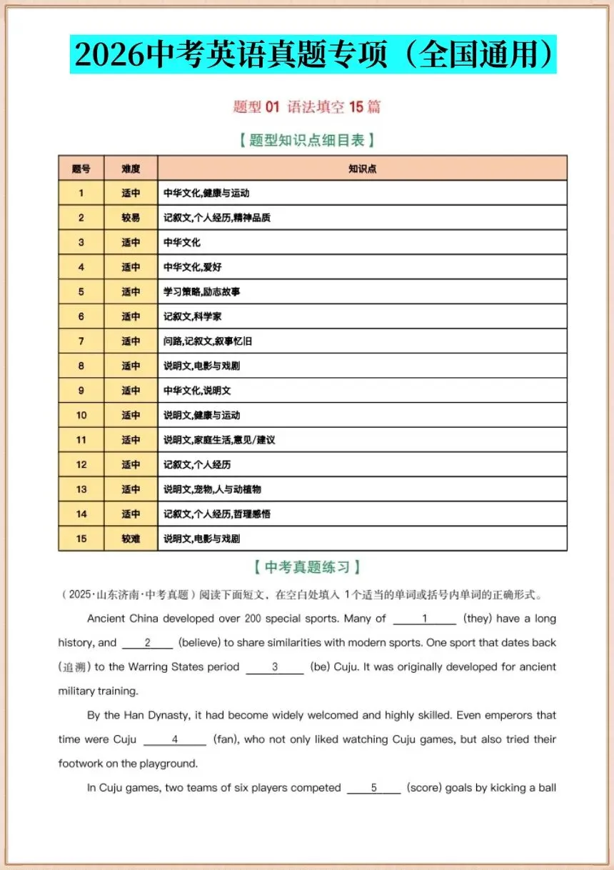 中考英语|2026年春中考英语真题专项总复习(含语法填空15篇、选词、短文首字母、短文汉语提示、完形填空)共12个专题,电子版可下载打印! 第3张